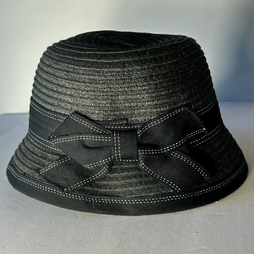 Black Woven Cloche Bucket Hat with Bow Preppy Vintage Inspired Cottage Coquette
